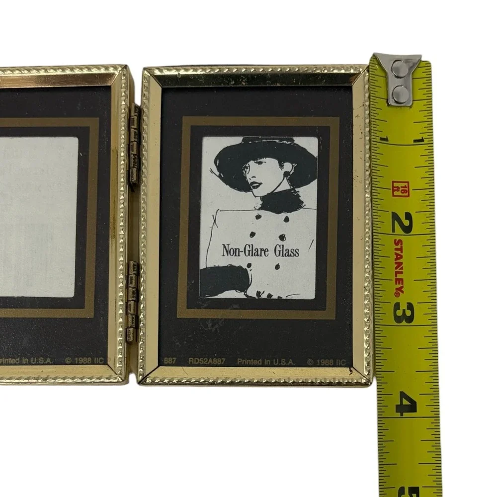 Vintage 1988 Gold Tone Triple Folding Photo Frame Mini Hinged Desk Picture Frame